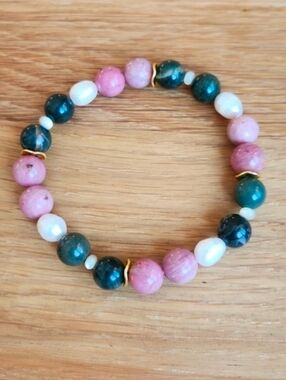 Rhodonite & Fresh Water Pearls Beaded Stretch Bracelet | Handmade